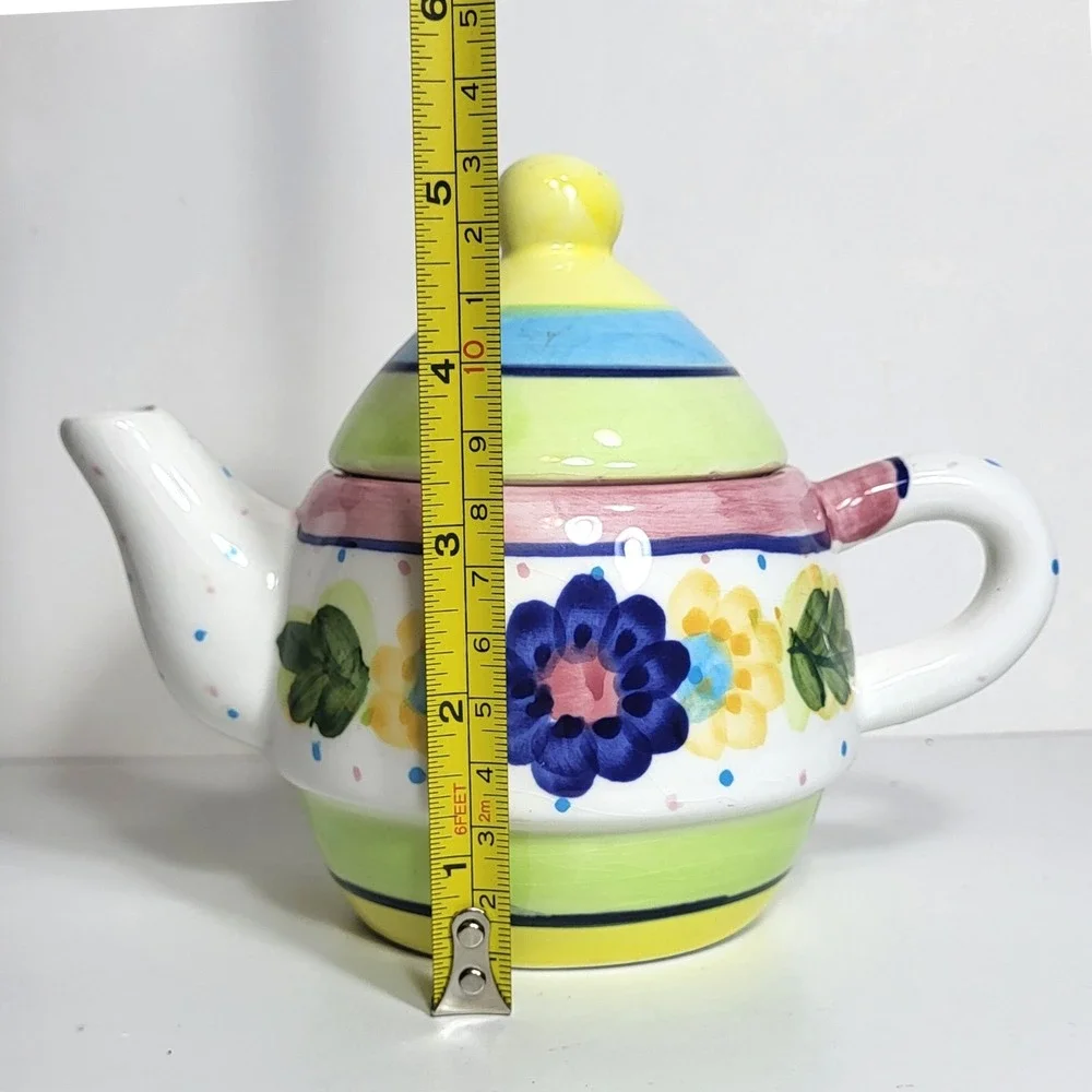 Bella Casa by Ganz Ceramic Teapot Hand Painted Floral Stripes Polka Dot Colorful